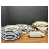 Garage… Vintage Currier & Ives dishware to include platters, serving bowl, bowls, plates, gravy boat, sugar dish, and covered butter dish. Approximately 18+ pieces. See pictures for details.