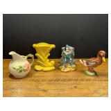 LR… Assorted vintage decor to include Franciscan earthenware creamer, Thames hand-painted ceramic mallard duck figurine, vintage bright yellow cornucopia vase (horn of plenty), believed to be Shawne