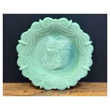 LR...Jadeite Glass Plate with Native American Chief Relief and Beaded Border