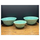 Kit...Set of 3 Turquoise Ceramic Mixing Bowls with Embossed Tree and Floral Motif, believed to be vintage Homer Laughlin