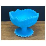 LR...Blue Satin Glass Pedestal Bowl with Beaded Pattern believed to be vintage Fenton.