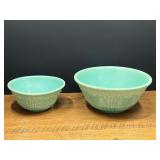 Kit...Pair of Teal Glazed Ceramic Mixing Bowls with Embossed Tree Motif, believed to be vintage Homer Laughlin