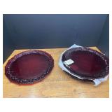LR...Set of Ruby Red Pressed Glass Plates with Starburst and Floral Rim Design
