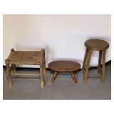 Garage… Vintage wooden footstool, vintage milking stool, also includes a vintage rustic wooden stool with rush seats. See pictures for details.