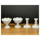 LR… Vintage milk glass pedestal candlestick holders, believed to be Indiana Glass Colony Harvest Grape. Also includes vintage Koi fish candlestick holders, believed to be Vintage Westmoreland, four 