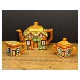 LR…Vintage ceramic cottageware sugar, creamer, and tea pot. Made in occupied Japan, see pictures for details.