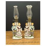 Bath…Vintage pair of hand-painted porcelain colonial or Victorian couple miniature oil and kerosene lamps, see pictures for details.