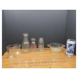 LR...Assorted Glassware Including Milk Bottles, Measuring Cups, Bowl, and Decorated Tumbler