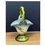 Bath…Vintage Hull Pottery Woodland pattern basket vase from the early 1950s, featuring a distinctive twig-like branch handle and a pink floral motif. See pictures for details.