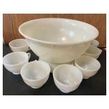 Bath…Vintage Anchor Hocking "Sandwich Ivory" pattern milk glass punch bowl set. see pictures for details.