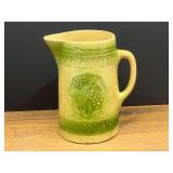 Kit...Yellow and Green Glazed Ceramic Pitcher with Embossed Grape Motif, believed to be vintage McCoy pottery
