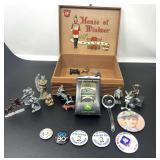 Vintage wooden cigar box filled with assorted collectibles, includes vintage cast metal "dimestore" toy soldiers, cast metal Bugs Bunny and Roadrunner figures, collectible John Deere stationary bottle