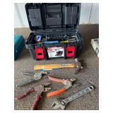 Garage… Small toolbox with content of assorted hand tools to include a claw hammer, garden shears, crescent wrench, assortment of wrenches, and screwdrivers, and more. See pictures for details.