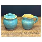 LR…Vintage blue-green glazed creamer and sugar bowl set, believed to be Pisgah Forest Pottery, see pictures for details.