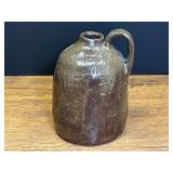 LR…Vintage brown-glazed stoneware whiskey or moonshine jug, with handle, see pictures for details.