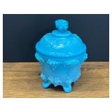 LR...Footed Covered Jar with Grape Motif, believed to be blue opaline milk glass.