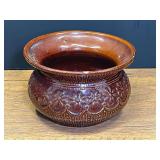 LR…Vintage ceramic spittoon with a rich Rockingham-style brown glaze and an embossed floral pattern. See pictures for details.