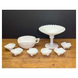 LR… Vintage footed milk glass salt cellars, believed to be vintage L E  Smith glass, Square Handled Nappy Wistar White Milk Glass, believed to be Fostoria Betsy Ross Stars, Leaves, and a pedestal co