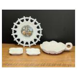 LR...Milk Glass Decorative Plate, Small Dishes, and Handled Nappy Bowl Assortment
