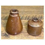 LR...Pair of Brown Glazed Stoneware Ink Bottles
