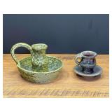 LR… Signed artisan pottery candlestick holders, two pieces, see pictures or details.