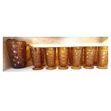 Kit...Amber Block Optic Pattern Glass Pitcher and Footed Tumblers, believed to be vintage Indiana glass