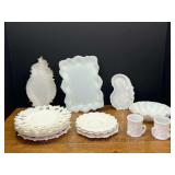 LR...Milk Glass Tableware Collection Including Trays, Plates, Cups, and Bowls