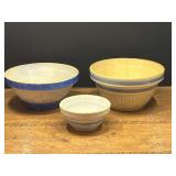 Kit...Set of 3 Stoneware and Yellowware Mixing Bowls with Blue Banding and Relief Patterns