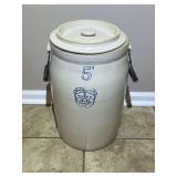 BR2…Antique 5-gallon stoneware crock with its original lid, manufactured by the UHL Pottery Company. See pictures for details.