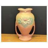 LR…Vintage Hull Art Pottery "Water Lily" double-handled vase from the mid-20th century. The base is chipped, see pictures for details.