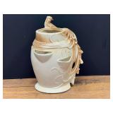 Bath..Vintage McCoy Pottery "Bird of Paradise" or "Peacock and Strawberry" planter/vase from the 1950s, featuring a cream and rust-blushed glaze with an embossed bird and floral motifs. See pictures f
