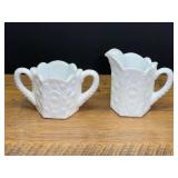 LR...Milk Glass Creamer and Sugar Bowl Set with Patterned Relief