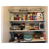 Mudroom… Shelf lot marked 3190. Includes all content of built-in shelving such as assorted dishware, organizer with assorted fasteners, portable heater, work gloves, some household cleaning items, a