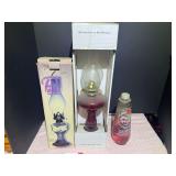 Bath…Small kerosene lamps, two pieces, both come with original boxes, also includes a partial container of lamp oil. See pictures for details.