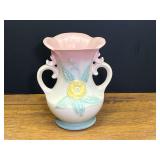 LR…Vintage Hull Art Pottery double-handled vase, likely from their Open Rose or Wildflower pastel line. See pictures for details.