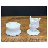 LR...Milk Glass Owl Toothbrush Holder and Covered Trinket Box Set