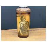 Bath…Antique glass vase featuring a hand-painted portrait of a Native American, believed to be Fostoria glass, see pictures for details.