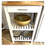 Kit...White Kitchen Island with Wood Top and Slatted Shelves, items seen in pictures are sold in separate lots