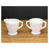 LR...Milk Glass Creamer and Sugar Bowl Set with Leaf and Thorn Pattern