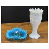 LR...Milk Glass Lily Vase and Blue Opalescent Ruffled Dish, believed to be vintage Fenton Blue Opalescent Hobnail Ruffle Dish.