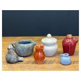 LR… Assortment of artisan pottery to include miniature creamers, bird whistle, lid jar, and more. Six pieces total, see pictures for details.