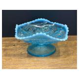 LR...Blue Opalescent Glass Footed Berry Bowl with Strawberry Interior