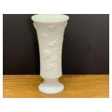 LR…White milk glass pedestal vase with an embossed ivy leaf and vine pattern. See pictures for details.