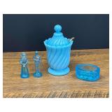 LR...Blue Glass Collection Including Covered Mustard Pot with Spoon, believed to be blue opaline. Figural Statues, and Small Bowl