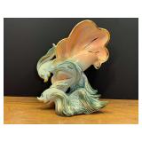 LR…Vintage Hull Pottery "Ebb Tide" Angel Fish vase or planter (model E-9), featuring a pink and seafoam green glazed finish with 22k gold trim highlights. see pictures or details.