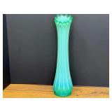LR...Molded Turquoise and Green Glass Bud Vase with Scalloped Rim