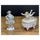 LR...Porcelain Figurine and Covered Trinket Box with Cherub Motifs