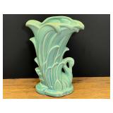 LR…Vintage 1940s McCoy Pottery Swan Vase in an aqua or turquoise glaze. See pictures for details.