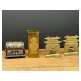 Bath…Vintage vintage domed wooden trinket box or jewelry chest, with key, also comes with a brass finish long match stick holder, and brass Asian themed to book ends. See pictures for details.