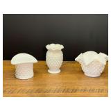 LR… Vintage milk glass hobnail top hat tooth pick holder, milk glass hobnail ruffle edged vase, and milk glass hobnail ruffled edge bowl, these pieces are believed to be Fenton, see pictures for det